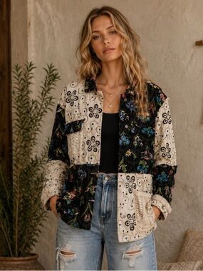 POL Large Floral Patchwork Jacket - Black and White